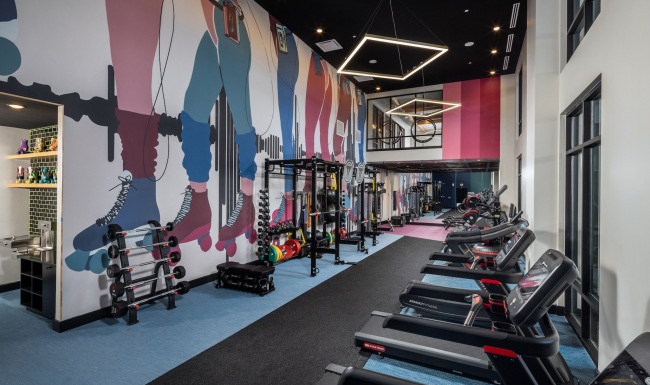 The fitness center at Broadstone Craft apartments for rent in Charlotte, NC, featuring treadmills and free weights.