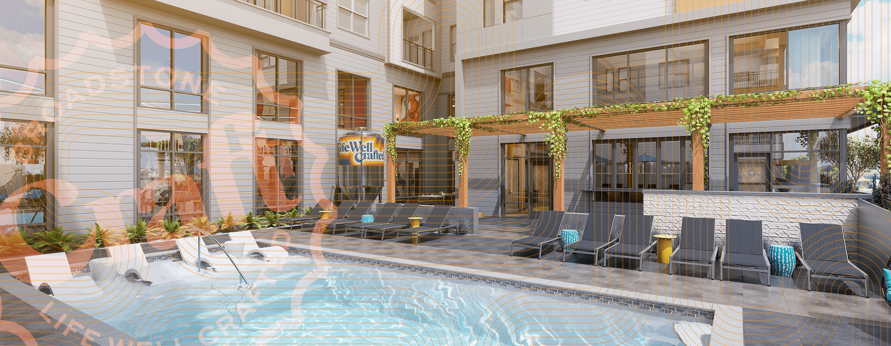 spacious pool with in-water seating, lush landscaping and easy access to apartment homes
